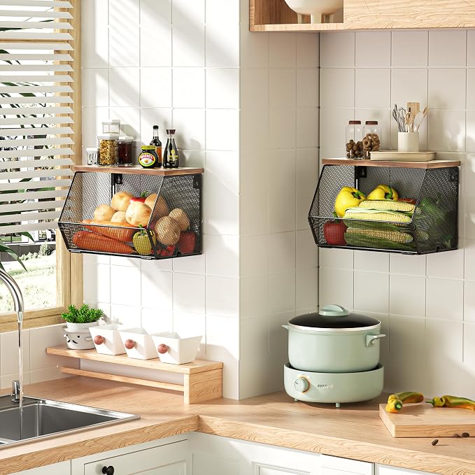 Stackable Fruit Basket for Kitchen Countertop Space Saving, Wall Mounted Mesh Metal Wire Baskets with Wood Lid Extra Storage, 2 Pack Kitchen Counter Organizer for Snack, Onion and Potato Storage - Image 3