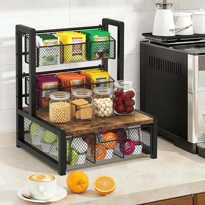Tea Bag Organizer, 3 Tier Tea Storage Container Box, Rustic Brown | Wood Tea Station Caddy, Teabag Holder Stand with Drawer Basket, Large Tea Chest Display Rack for Countertop Cabinet Office - Image 4