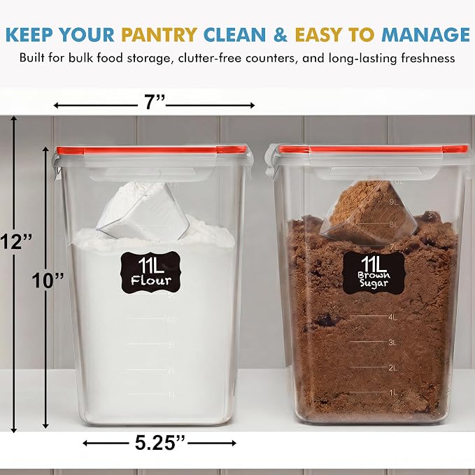 Shazo 2 PC (11L | 372 oz) Flour Sugar Storage Containers with Easy Carry Handle - Plastic Extra Large Food Storage Containers with Lids for Rice Cereal, BPA Free & Airtight Kitchen Pantry Organization - Image 6