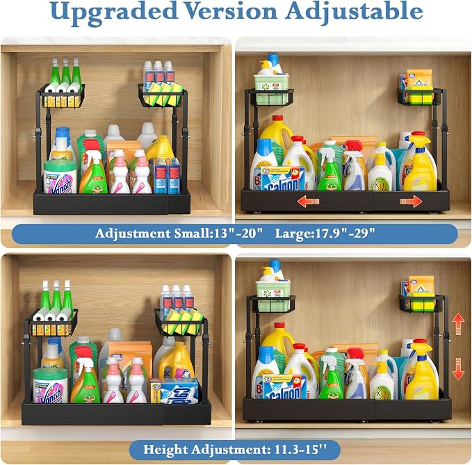 Aisslro Under Sink Organizer, 2 Tier Pull Out Cabinet Organizer, Expandable & Adjustable Slide Out Shelf 17.9''–29.5'', Under Sink Storage for Kitchen Bathroom Laundry Cabinet Storage, Black - Image 4