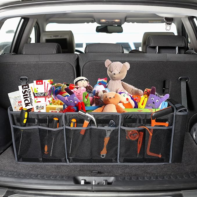 Collapsible Trunk Organizer with Insulated Leakproof Cooler Bag,Removable Lid,Adjustable Securing Straps,3 Compartments Trunk Organizer for SUV,Truck,Sedan(Grey & Black) - Image 2