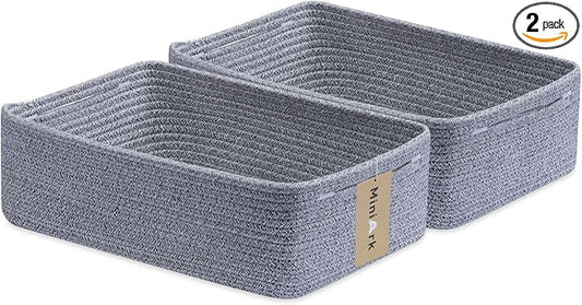 MiniArk Large Shallow Organizing Baskets 15x11x5.1 Inches - Rope Woven Storage Bins for Bathroom, Shelves, Cube Closet, Mixed Grey 2 Packs by MiniArkStorageBasketsHome