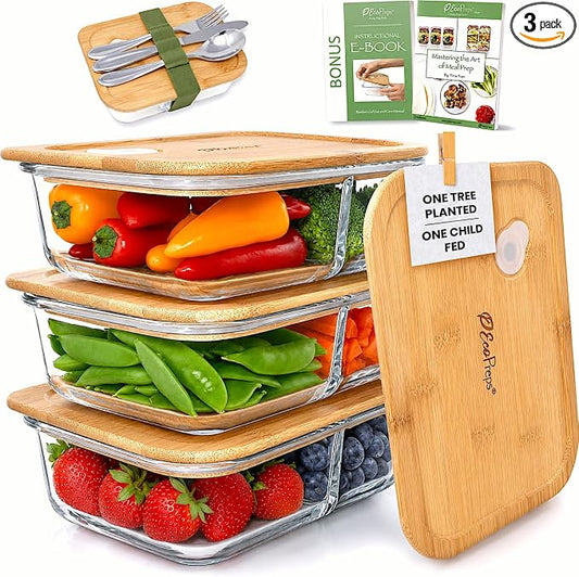Glass Meal Prep Containers with Bamboo Lids, 2 Compartment Glass Bento Box Container Set (3 Pack) | 100% Plastic Free, Eco-Friendly, Lunch Containers with Lids Made of Bamboo - Set of 3 by EcoPreps