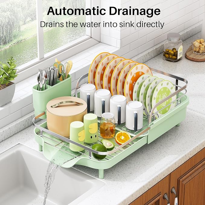 SAYZH Expandable Dish Drying Rack for Small Kitchen Counter, Green | Stainless Steel, Protective Guardrail, Angled Drainboard, Fits High-Rim Sinks, Removable Utensil Holder - Image 5