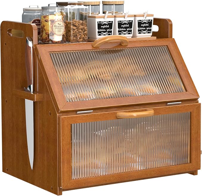 Bread Box for Kitchen Countertop, Large Bread Storage Container for Homemade Bread, Vintage Wooden Farmhouse Breadbox Organizers, Double Layer Bread Bin with Acrylic Window Bread Holder by Unknown