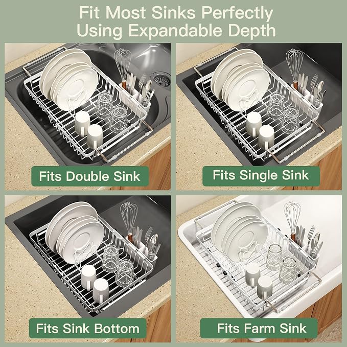 White Dish Drying Rack Over The Sink with Utensil Holder, Mat | Expandable Stainless Steel Dish Drainer for Small Kitchen, Apartment, RV, Counter Space Saving, Perfect Fit, Rustproof - Image 5