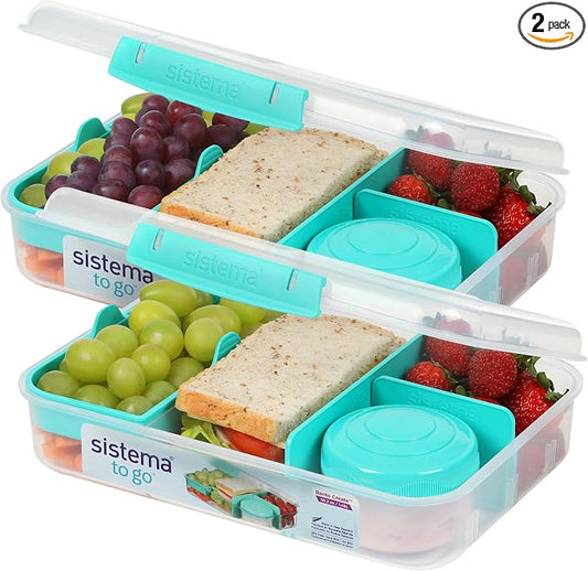 Sistema To Go 1.48L (2-Pack) Bento Box Food Storage Containers, School Lunch Boxes with Removable Dividers & Snack Pot, Two 1.48L Containers, Freezer, Microwave, & Dishwasher-Safe, BPA-Free by Sistema