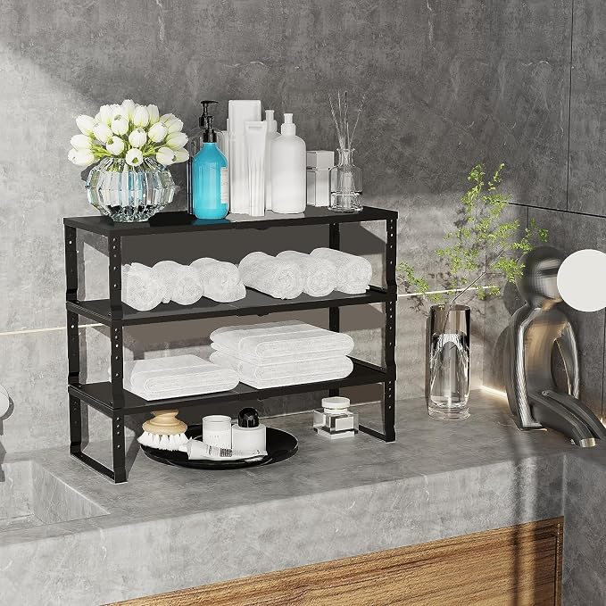 Jojocross Expandable Cabinet Shelf Organizer Storage Spice Rack Shelves for Kitchen Stackable Adjustable Pantry Cupboard Bathroom Countertop Desktop(2Packs/Black/Large) - Image 5