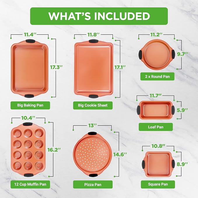 NutriChef 8 Piece Baking Pans Set - Nonstick Carbon Steel Bakeware Set w/ Silicone Heat-Safe Handles - Includes Loaf Pan, Muffin Pan, Cookie Sheets, Pizza Crisper, Roasting Pans - Rose Gold - Image 3