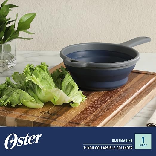 Oster Bluemarine Foldable Handled Strainer – 7-Inch Collapsible Colander for Pasta, Veggies, Fruits, Compact Kitchen Tool, Dishwasher Safe, Blue/Grey - Image 2