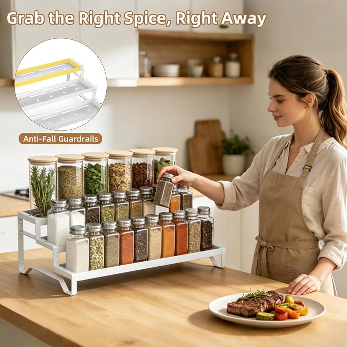 Expandable Spice Rack Organizer for Cabinet 3 Tier Spicy Shelf White 1Pack | Adjustable Length 13"-21", Metal Seasoning Organization, Slip-Resistant Guardrails for Jars, Cabinet & Countertop Storage - Image 3