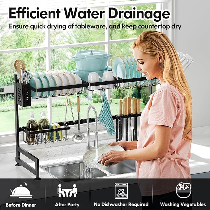 2 Tier Extra Large Stainless Steel Over The Sink Dish Drying Rack | Rust Proof Metal, Expandable Kitchen Sink Drainer, Counter Space Saving, Heavy Duty, Modern Black, Multifunctional Storage - Image 7