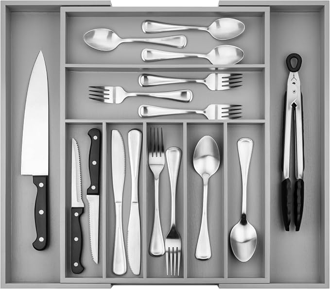 Purawood Bamboo Drawer Organizer - Expandable Silverware Organizer & Utensil Organizer, Cutlery Tray with Dividers, 7-9 Slots - Premium Kitchen Drawer Organizer for Utensils & Flatware (Grey) by PURAWOOD