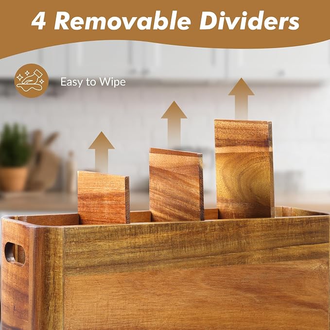 Kitchen Utensil Holder for Counter or Countertop, Extra Large Acacia Wood Organizer with 4 Compartments, Wooden Storage for Cooking and Silverware, Rustic Minimalist Decor, Sturdy Utensil Crock - Image 7