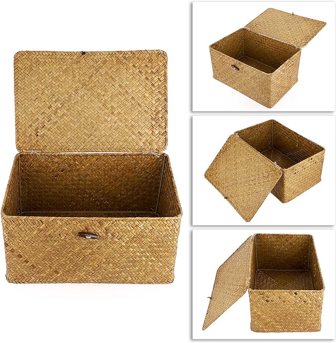 Hipiwe Wicker Shelf Baskets Bin with Lid Woven Seagrass Storage Box, Large | Decorative Basket Organizer Rectangular Household Basket Boxes for Shelf Wardrobe Home Decor, Caramel - Image 5