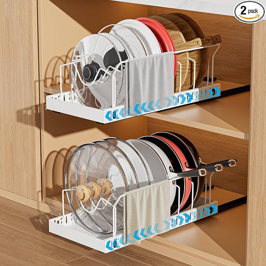 White 2 Pack Pot Lid Organizer, Pull Out Cabinet Rack, 8 Dividers | 2-pack black carbon steel rack, 16 adjustable dividers, quiet slide rails, adhesive or screw mount for lids, pans, bakeware by WOSHEN