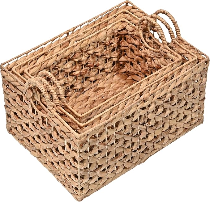 happimess Quinn Storage Baskets 3-Piece Hyacinth Rectangular 18", Natural | Hand-Woven Wicker Organizers, Durable Iron Metal Frame, Integrated Handles, Bohemian Cottage Decor For Nursery - Image 6