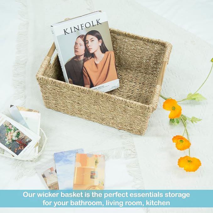 Large Wicker Storage Basket with Wooden Handles, Seagrass Basket for Shelves, Natural Wicker Bin With Handle for Storage 14.5 x 10.3 x 7.5 inches - Image 5