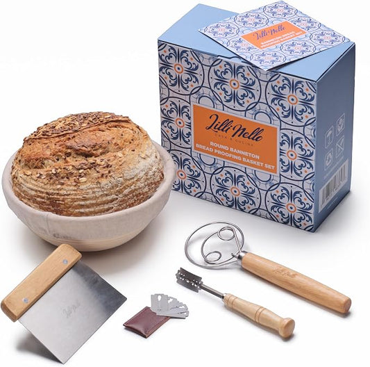 Banneton Bread Proofing Basket, Round 9" Sourdough Starter Kit, Rattan, Brown, Rustic Round Rattan Basket, Proofing Basket by Unknown