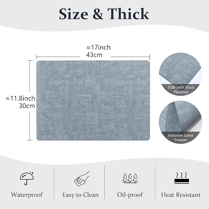 FROMHEART Faux Leather PU Placemats Set of 8 (Light Blue,11.8" x 17") | Waterproof,Heat/Oil Stain-Resistant Table Mat–Reversible,Non-Slip,Easy to Clean Place Mats for Kitchen,Dining,Indoor/Outdoor - Image 3
