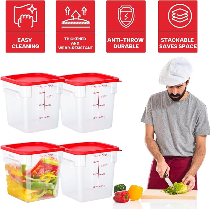 BIEAMA 4 Pack 8 Qt Square Food Storage Containers with Lids, NSF, Clear | Commercial polycarbonate containers with scale markings and handles; stackable for prep, brining, fermentation & bulk storage - Image 4