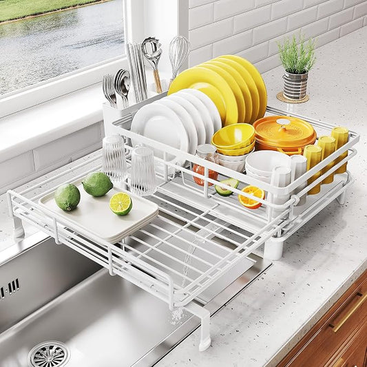 Expandable Dish Drying Rack for Kitchen Counter, Stainless Steel, White | Foldable Over Sink, Large Capacity, Adjust to Fit Most Sinks, Angled Drainboard, Removable Utensil Holder, Slip Resistant by SNTD