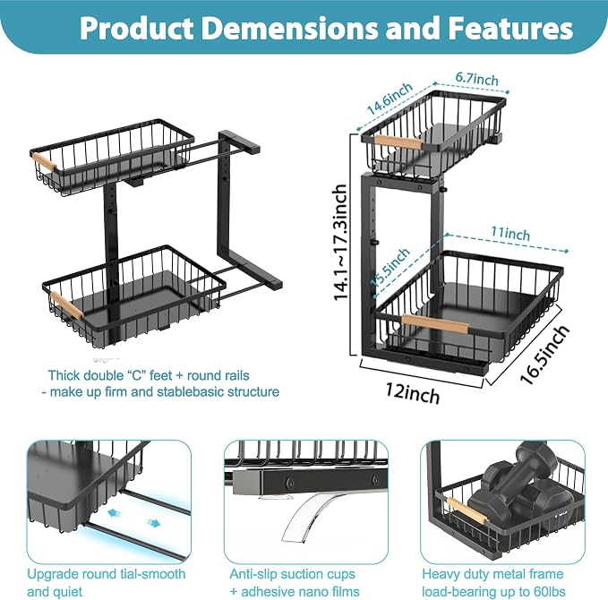 Liuoud Under Sink Organizer 2 Pack, 2 Tier Slide Out Large Capacity Height Adjustable Under Sink Organizers and Storage for Kitchen Bathroom Cabinet, Black - Image 6