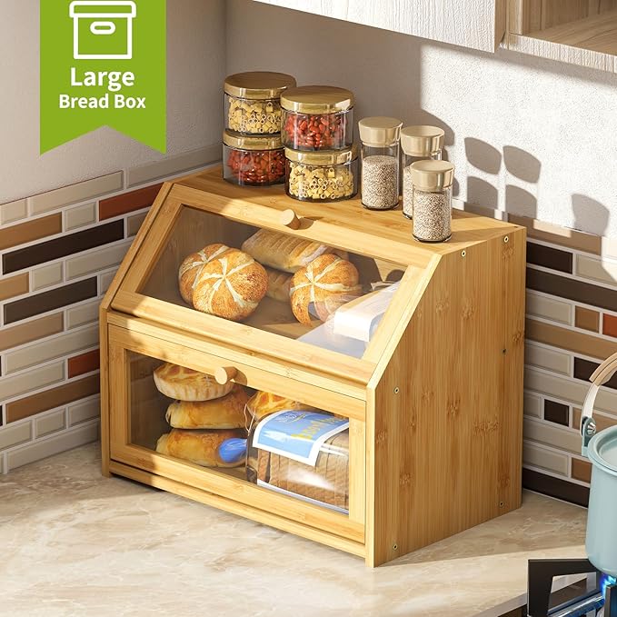 BMOSU Farmhouse Bread Box for Kitchen Countertop Bread box Double Layer Bamboo Wooden Extra Large Capacity Bin Kitchen Food Storage Container(Natural) - Image 4