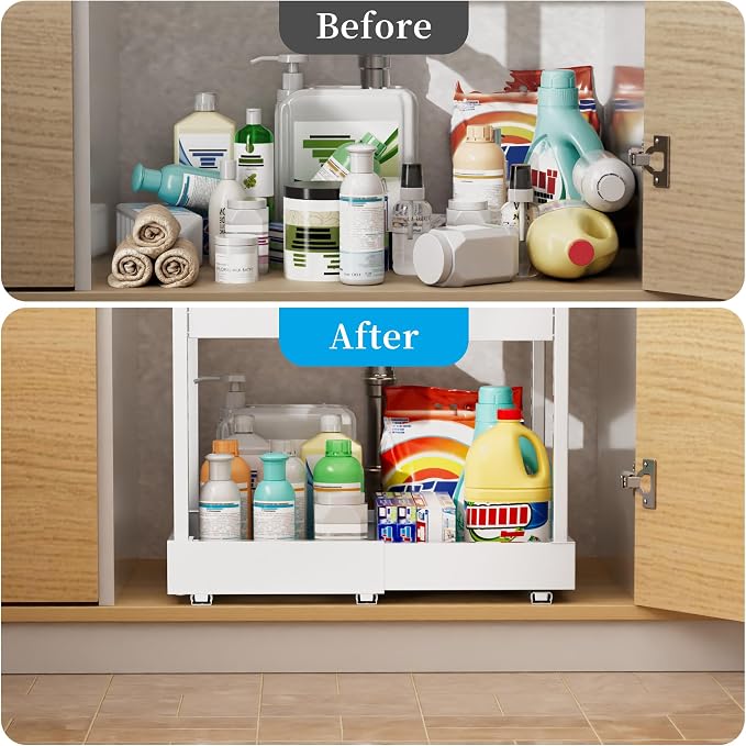NEWMATIC Adjustable Under Sink Organizer Pull Out Drawers, 2-Tier Slide Out Cabinet Storage Shelf for Kitchen Sink, Height & Width Extendable White, 15''D x 13''-20.5''W x 15''H(1Pack) - Image 5