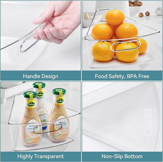 Oubonun Lazy Susan Organizers Set of 6, 12.8’’ x 11.7’’ x 4’’ Plastic Transparent Kitchen Cabinet Storage Bins with Handle, 4" Deep Container, 1/8 Wedge - Food Safe, without BPA - Image 4