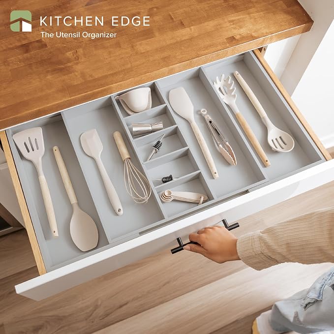 Utensil & Junk Drawer Organizer, 19-33 in, Gray Bamboo | Food-safe contract grade, 100% sustainable wood, non-slip, adjustable - Image 2