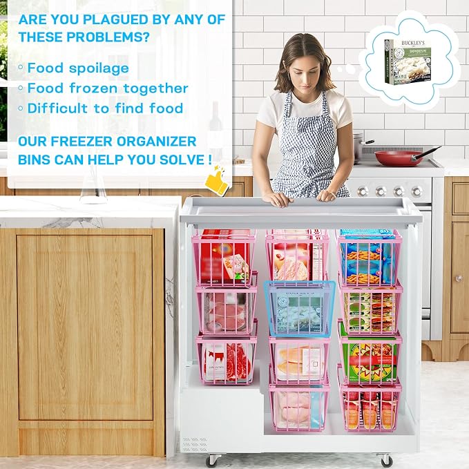 SUNALLY Freezer Organizer Bins, 8 Pack Stackable Pantry Storage Bins, Pink | Chest Freezer Organizer for 5-7 Cu.FT Deep Freezer to Sort Frozen Meats & Food, Wire Baskets for Pantry Organizers & Storage - Image 6