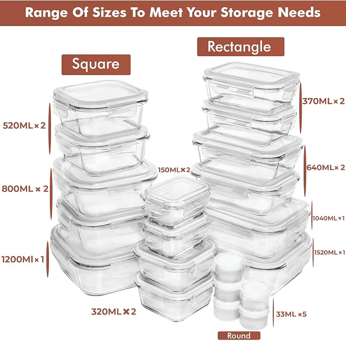 Razab 35 Pc Set Glass Food Storage Containers with Lids - Meal Prep Airtight Bento Boxes BPA-Free 100% Leak Proof (15 lids,15 glass & 5 Plastic Sauce/Dip Containers) - Image 2