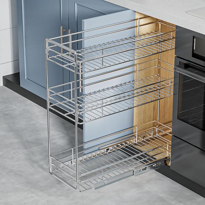 ROOMTEC Pull Out Spice Rack for Narrow Cabinet (8½" W X 20½" D),3 Tier Slide Out Cabinet Organizer and Pull Out Shelves Under Cabinet Storage for Kitchen, Chrome - Image 4