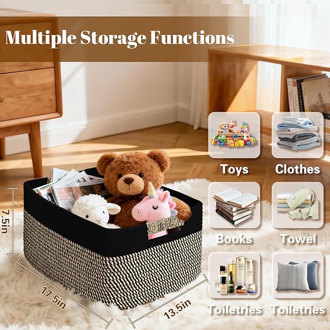 4 Pack Large Storage Basket for Organizing, 17.5"x13"x7" Woven Basket for Shelves, Closet Cube Storage Bins with Wrapped Handle, Cotton Rope Baskets for Kitchen, Clothes, Toys(Black & Brown) - Image 2