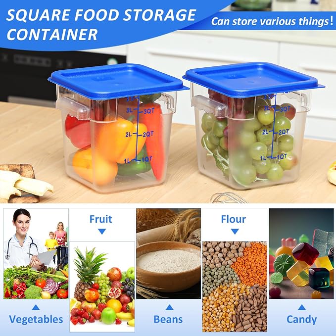 Yungyan 12 Pcs 4 Qt Commercial Food Storage Containers with Lids Restaurant Square Airtight Food Storage Containers Clear Cereal Containers for Kitchen Freezer Dishwasher Pantry(Blue Lid) - Image 6
