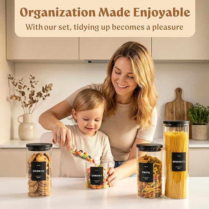 Glass Storage Containers with Black Lids [Extra Thick Glas] with 54 Labels - Canister For Pantry Noodles Flour Cereal Rice Sugar Tea Coffee Beans - Round Set of 5x - Image 3