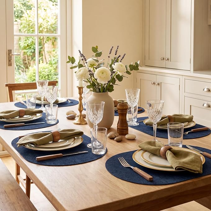Placemats Set of 8-17" x 11.8" Waterproof & Heat Resistant Oval Place Mats, Wipeable Washable Double Layer Faux Leather Table Mats, Dark Blue - Image 5