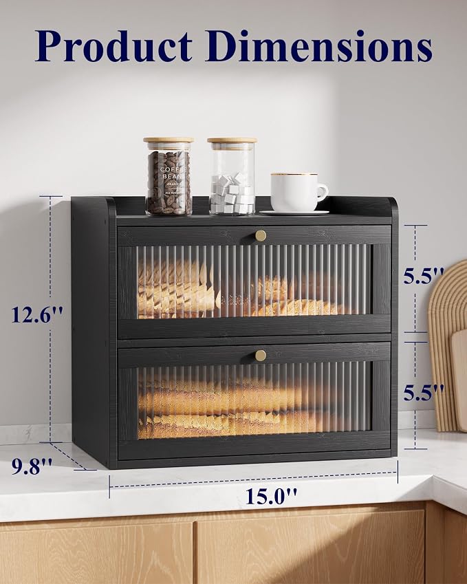 Kitsure Wooden Bread Box for Kitchen Countertop, Large Capacity, Black | 2-Tier Bamboo Bread Container, Bread Storage Container with Magnetic Acrylic Door, Pantry Organizers and Storage for Loaves - Image 4