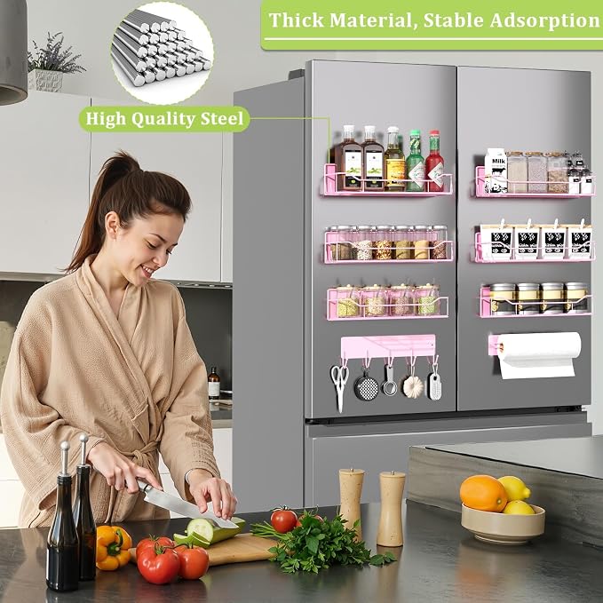 Magnetic Spice Rack for Refrigerator, 9 Pack Magnetic Fridge Shelves W/Adjustable Paper Towel Holder, Hook Rack, Moveable Spice Organizer Shelf for Kitchen Organization and Storage (Pink) - Image 6