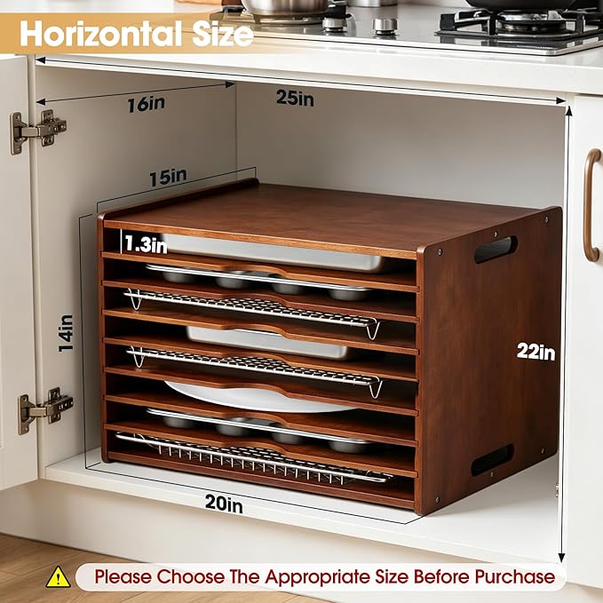 8-Tier Baking Sheet Organizer for Cabinet, Large 20 x 15 x 14 in Wooden Tray Divider Rack, Bamboo Cutting Board, Pan, Tray and Cookie Sheet Organizer for Kitchen Storage - Image 2