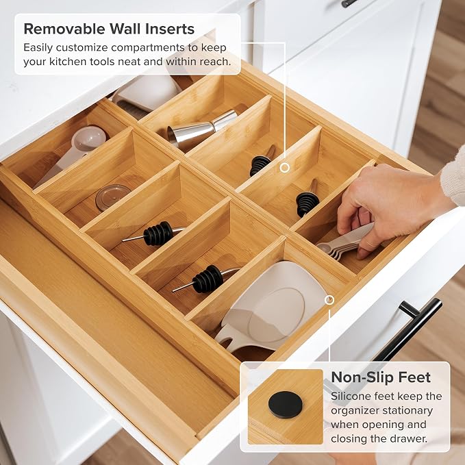 Utensil & Junk Drawer Organizer, Small, 2 Pack, Bamboo | 5-compartment design, 4 removable dividers, non-slip feet, sustainable bamboo - Image 6