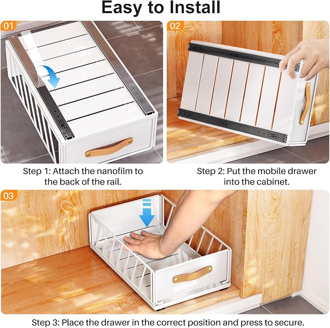 Pull out Cabinet Organizer,Heavy Duty Slide out Pantry Shelves Drawer Storage with Adhesive Nano Film,Sliding Mesh Cabinet Basket with Handle for Kitchen, Bathroom, Home, 15.8"W X 21"D X 6.2"H,White - Image 8