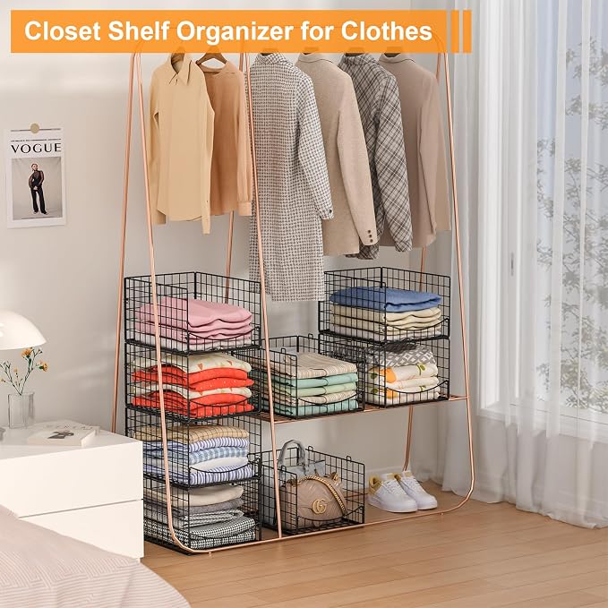 Hongtamoya 4-Tier Stackable Closet Organizers and Storage Shelves, Clothes Storage Basket, Clothes Shelf Organizer Sweater Organizer Bins Container for Wardrobe Kitchen Bathroom Office, Black - Image 7