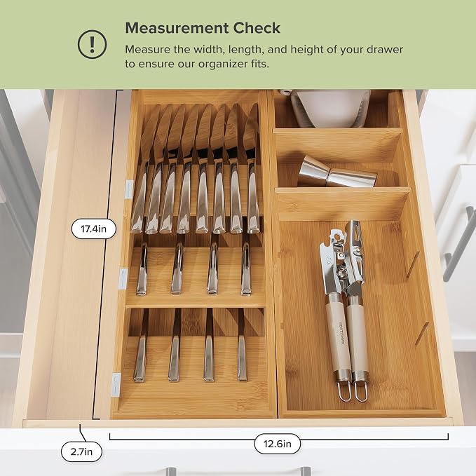 Slanted Silverware & Utensil Organizer, 2 Pack, Bamboo | 3-compartment slanted design, labeled slots, non-slip feet, sustainable bamboo - Image 4