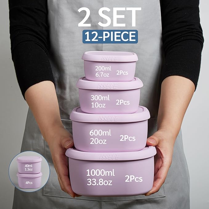 ISSEVE 12Pcs/Set Nesting Silicone Food Storage Containers with Lids, Purple | BPA-free, Reusable, Meal Prep Containers, Small Freezer Portions, Dishwasher Cleaning, Nested Cabinet Storage, 5 Sizes - Image 2