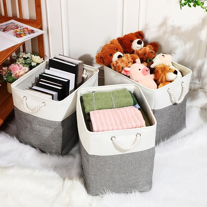 meekoo 8 Pack Collapsible Storage Bins Fabric Storage Bins Polyester Fabric Baskets with Handles Linen Closet Organizer for Shelf Home Closet Towels Toys(17 x 12 x 15 in,Gray White) - Image 4