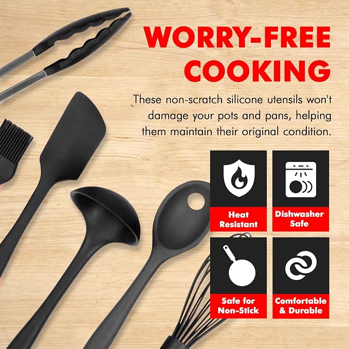 Chef Craft - Premium Silicone Kitchen Tools and Utensils Set, Non-Scratch, Withstands Temperatures up to 450°F, BPA-Free, 9 Piece Cooking Utensils Set, Black - Image 3