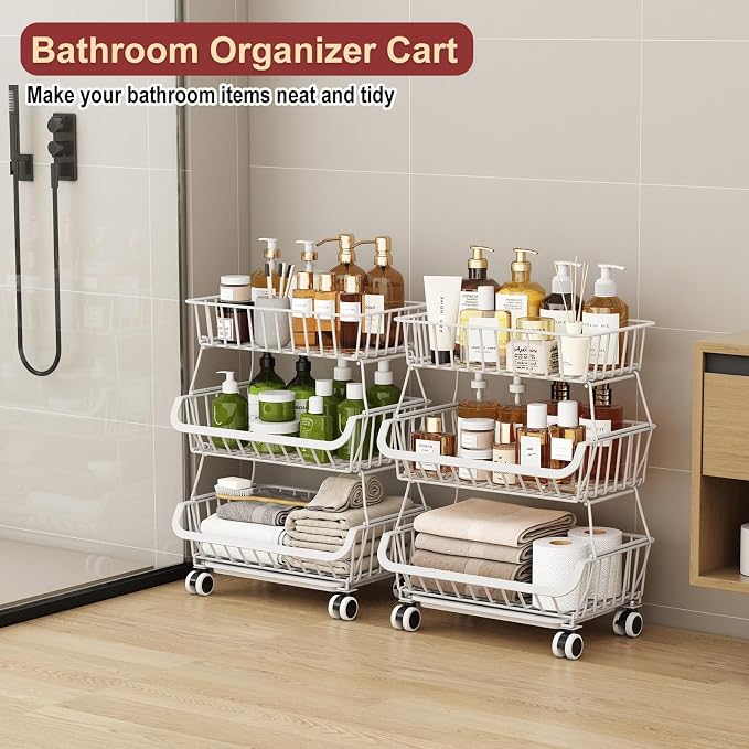 3-Tier Rolling Pantry Cart with Wheels, Stackable Wire Storage Floor Organizer for Kitchen Pantry Snack Shelves, Fruit Basket Stand, Vegetable Storage Rack for Food Snacks Onion Potato, White - Image 8