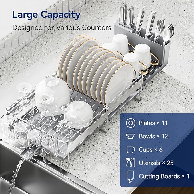 Stainless Steel Dish Drying Rack - Expandable Dish Racks for Kitchen Counter Organizer with Drain Board, Detachable Utensil & Cup Holder, Dish Drainer for Small Kitchen Counter, Grey - Image 5